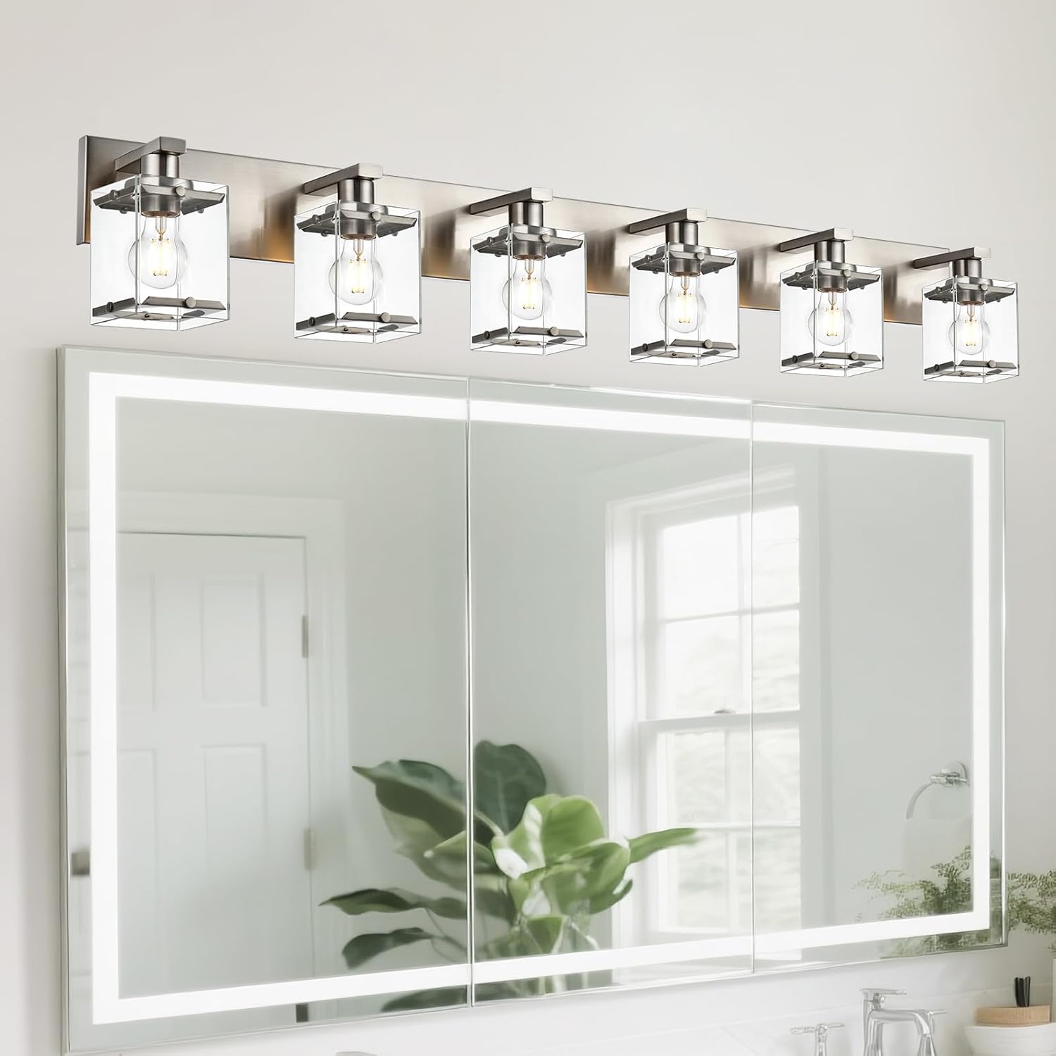 6-Lights Brushed Nickel Bathroom Light Fixture Over Mirror, Modern Wall Sconce with Clear Glass Shades, E26 Bulb Base Vanity Lighting for Over Mirror Kitchen