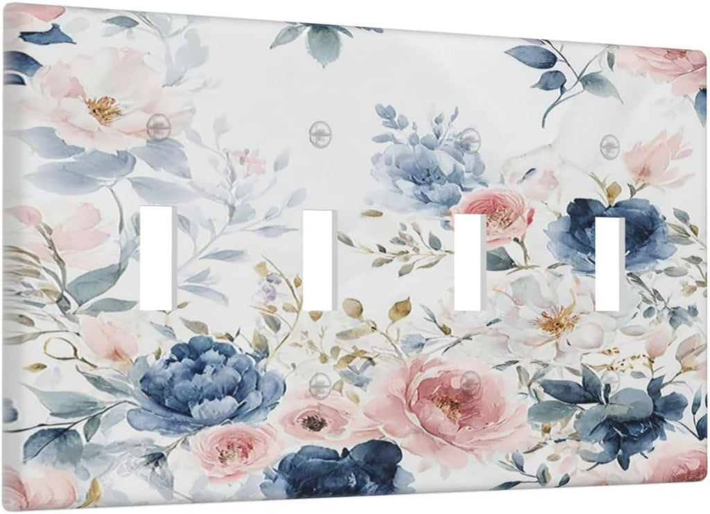 Light Switch Cover Plate Elegant Watercolor Pink Blue Flowers Floral Quad Toggle Wall Plates Decorative Switch Plates 4 Gang Outlet Covers Electrical Panel Cover Faceplate for Home Decor 4.5 X 8 IN