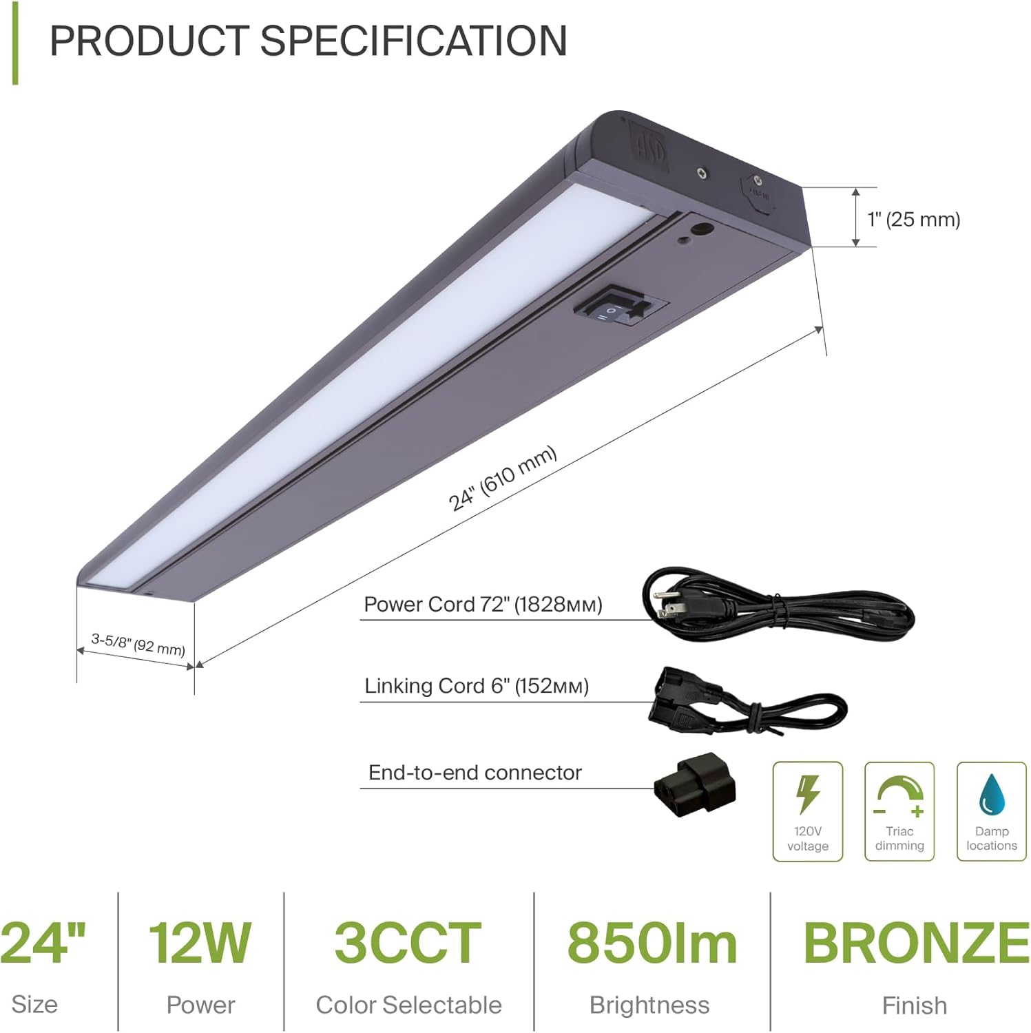 ASD Swivel LED Under Cabinet Lighting Bronze, 24 Inch 12W, Hardwired or Plug-in, 2700K/3000K/4000K, Hi/Low Switch, Rotatable Lens, Dimmable Linkable Under Counter Light for Kitchen, ETL & Energy Star