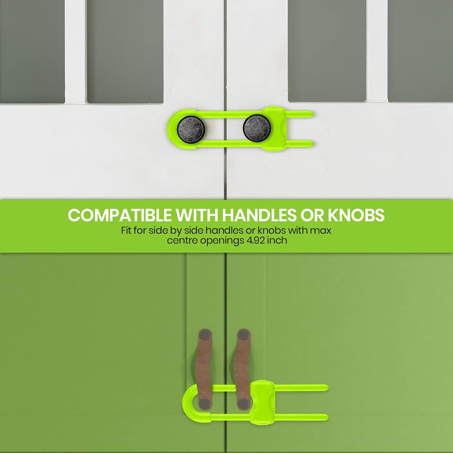Jetec 10 Pieces Cabinet Locks for Babies, U-Shaped Proofing Drawers Safety Child Locks Adjustable, Easy to Use Childproof Latch for Knob Handle on Kitchen Door Storage Cupboard Closet (Green)