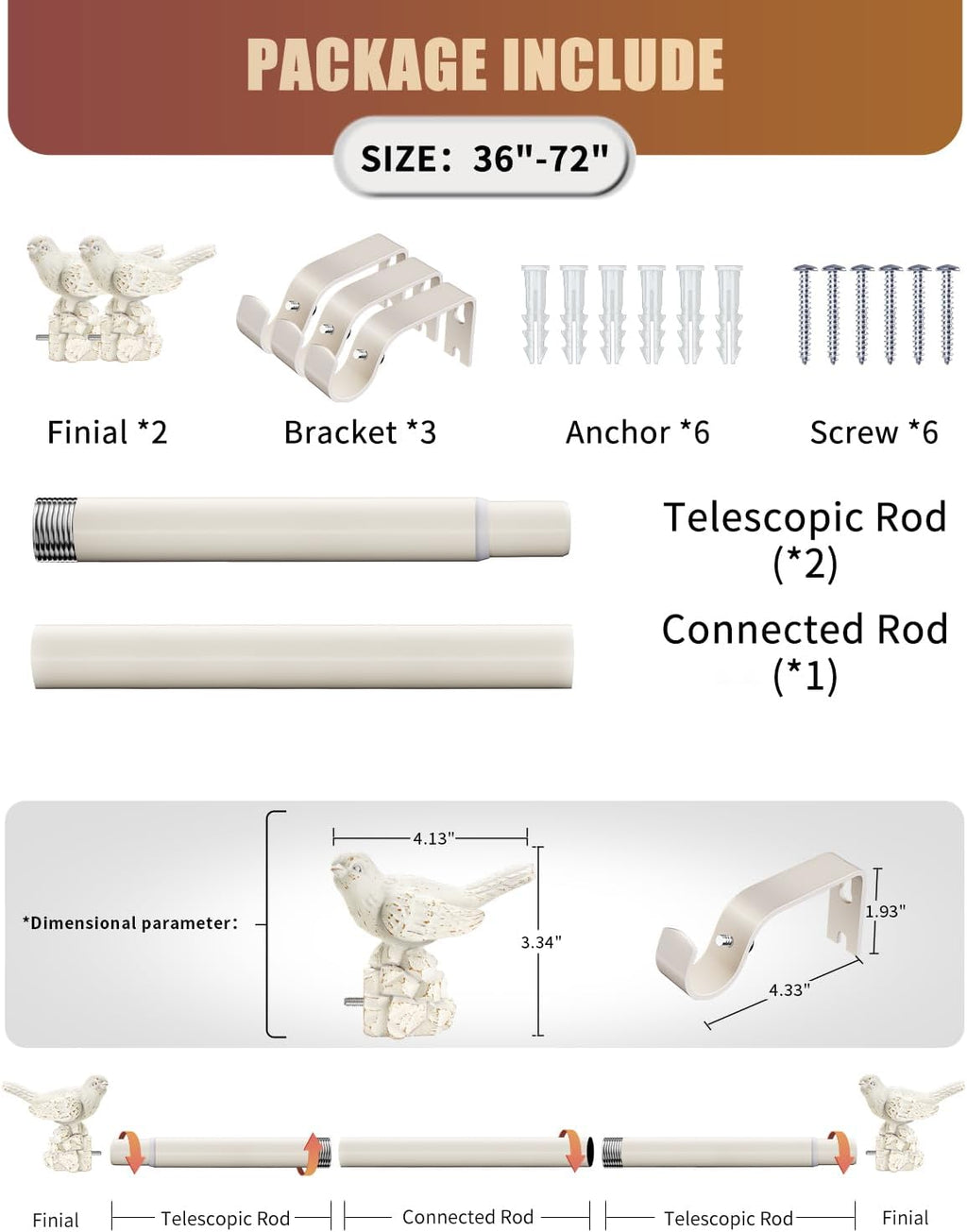 White Curtain Rod 36 to 72 Inches Curtain Rods for Windows Adjustable Heavy Duty Drapery Rod with Bird Finials for Kitchen Window Living Room