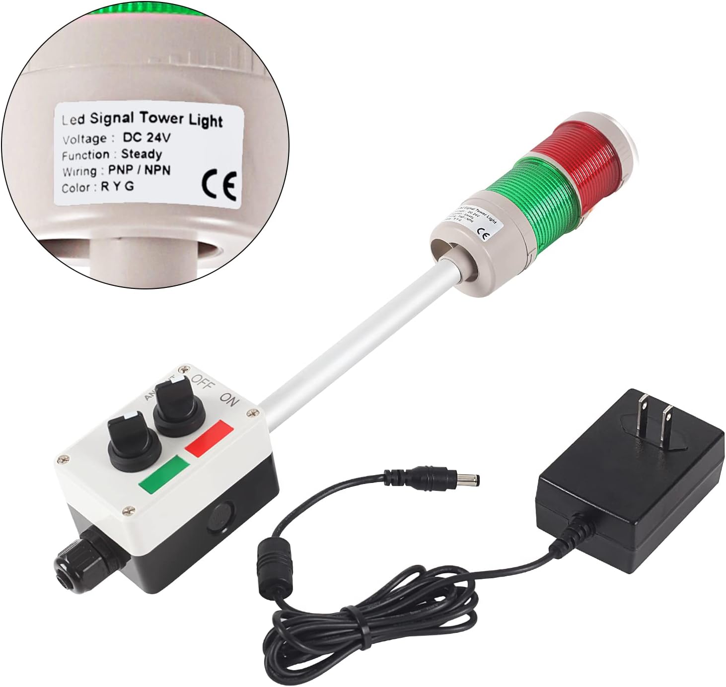 2 Stack Super Bright LED Andon Tower Lights, Red/Green, Off-ON, 6 ft Industrial Adapter, IP65, Plug Play Ready – Manufacturing & Industrials