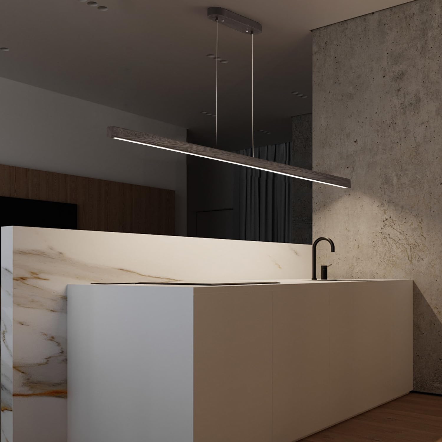 59'' Led Pendant Light 40w Dimmable with Remote Wood Linear Pendant Lighting Led Modern Chandelier Island Light with Black Finish for Living Room Dining Room Billiard & Pool Lights Black