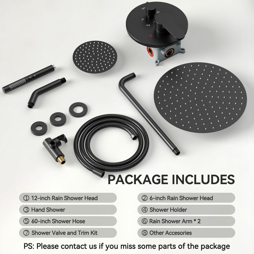 Shower Systems STARBATH 12+6" Round Dual Rainfall Shower Head with Handheld Spray for Two People, Wall Mounted 3 Way Rain Shower Faucet Sets Complete, Included Valve and Trim Kit, Matte Black