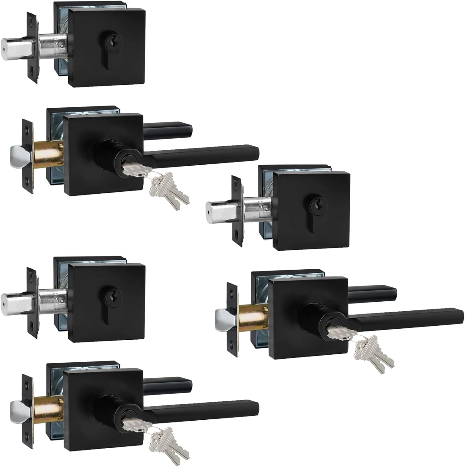 Keyed Entry Door Handle with Single Cylinder Deadbolt, Keyed Alike(Same Keys Only Per Set) Front Door/Exterior Door Lever Lockset, Matte Black, 3 Sets of Locks with 3 Sets of Different Keys