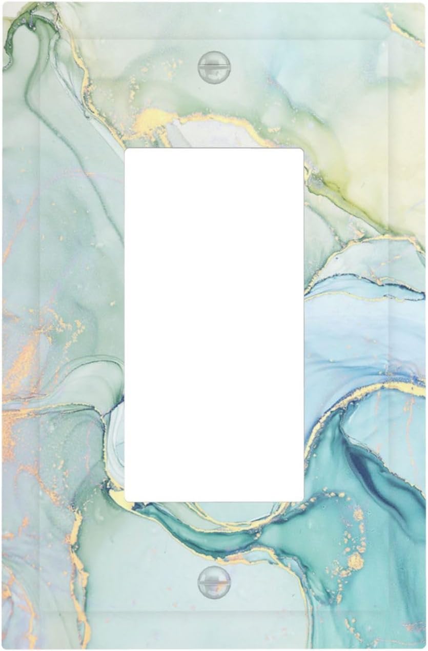 Decorative Outlet Covers Teal Gold Marbling Turquoise 1 Gang Single Rocker Light Switch Cover Plate Wall Plates GFCI Faceplate for Bathroom living Room Decor