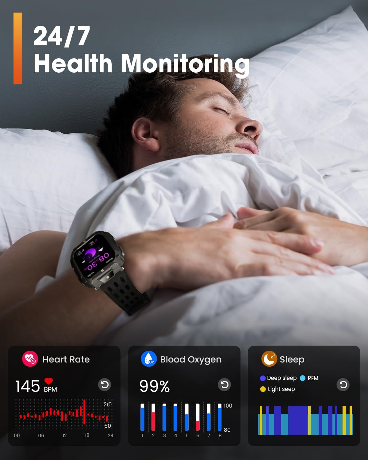 Smart Watches for Men, Military Smart Watch with 100 Days Battery/LED Flashlight, 1.95'' Fitness Watch with Heart Rate/ Sleep Monitor/100+ Sports Mode, 5 ATM Rugged Smartwatch for Android and iPhone
