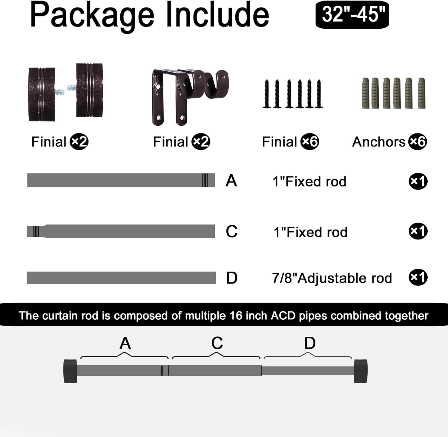 Adjustable Curtain Rods-18 to 45 Inches,1 Inch Modern Metal Drapery Rods, Adjustable Heavy Duty Curtain Pole with Simple End Caps