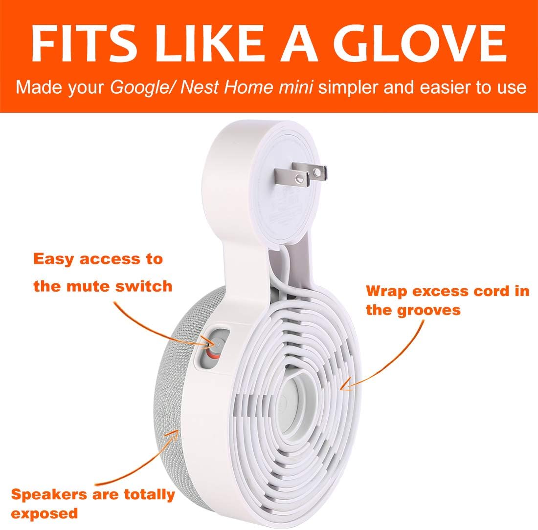 PEF Outlet Wall Mount Holder for Google Nest Mini and Google Home Mini, A Space-Saving Accessories with Cord Management for Google Mini Smart Speaker, No Messy Wires or Screws (2 Pack)