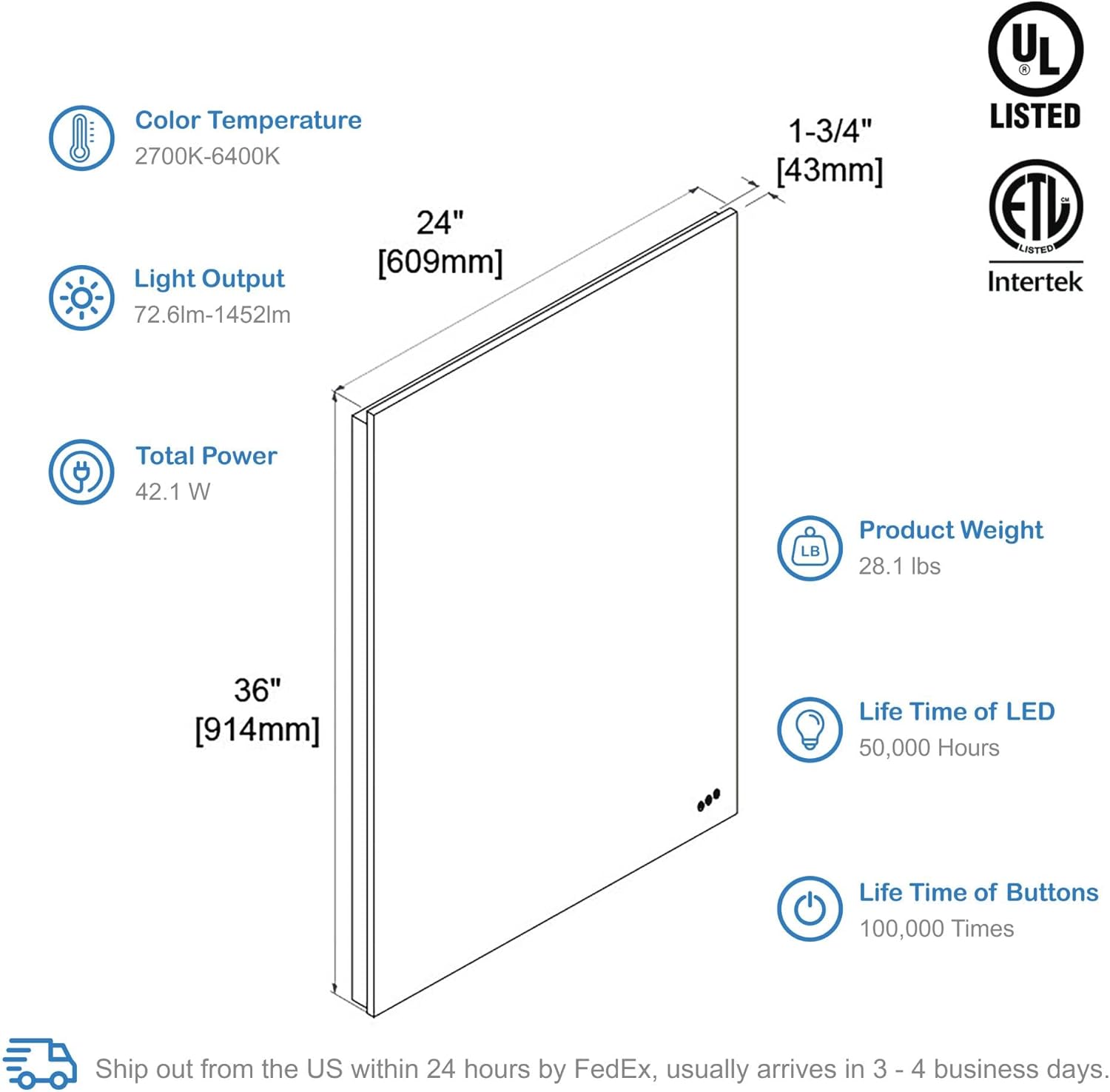 24x36 LED Mirror for Bathroom | Backlit LED Vanity Mirror with Anti-Fog, Stepless Dimmable, 3 Color Temperature | Wall Mounted Lighted Bathroom Mirror | Smart Vanity Makeup Mirror with Lights