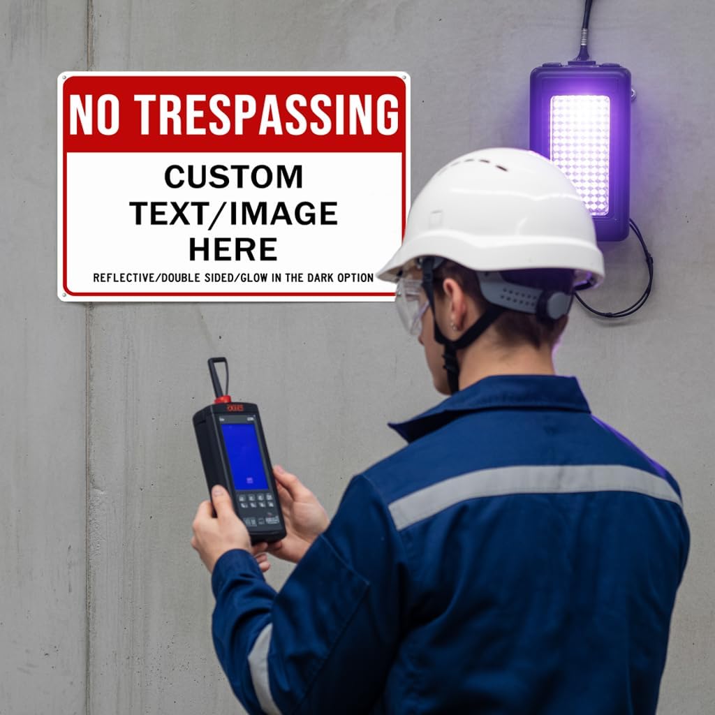 Custom No Trespassing Sign, Glow in the Dark/Reflective Option, 14''x10'' Personalized Aluminum Warning Signs, Customize for Business, Yard, Garden, School, Indoor/Outdoor Use