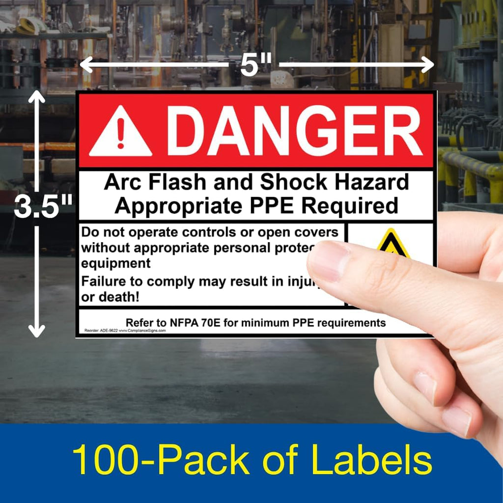 ComplianceSigns.com DANGER Arc Flash And Shock Hazard Appropriate PPE ANSI NFPA 70E Safety Label Decal, 5x3.5 inch 100-Pack Vinyl for Electrical, American Made Safety Signs for the Workplace