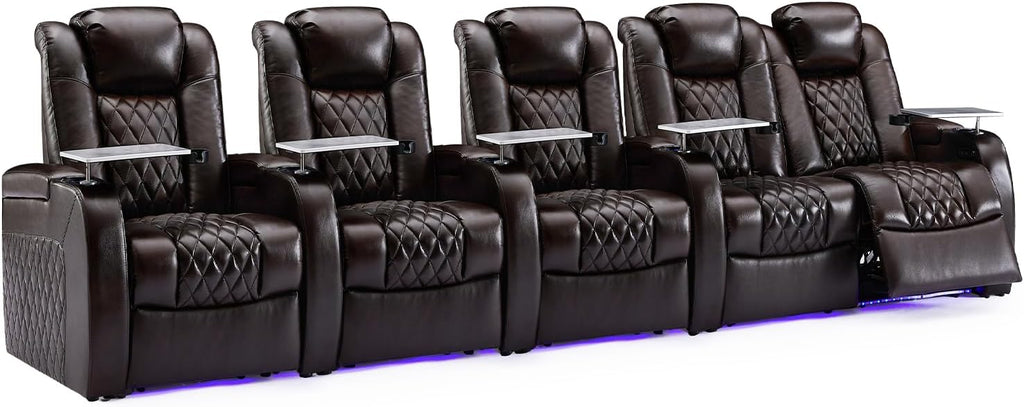 Weilianda Home Theater Seating Top Grain Leather Zero Gravity Recliner Chair Power Headrest Recline Movie Seat Gaming 7 Colors Mood Light Sofa with Tray Table USB Charge Row of 5 Loveseat Right Brown