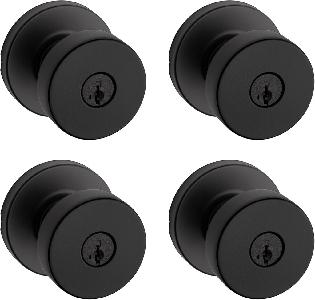 Kwikset Pismo Entry Door Knob with Lock and Key, Secure Keyed Handle Exterior, Front Entrance and Bedroom, Matte Black, 4 Pack, Pick Resistant SmartKey Rekey Security and Microban