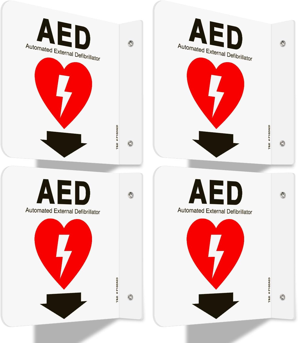 T&R AED Sign, Automated External Defibrillator with Down Arrow - 4 Pack - 6 x 6 Inches Acrylic, 2 pre-drilled holes, Includes Matching Screws, Use for Office/Business
