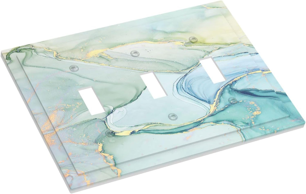 Decorative Switch Plates Teal Gold Marbling Turquoise 3 Gang Wall Plate Triple Toggle Light Switch Cover Faceplate Electrical Wall Panels for Bathroom living Room Decor