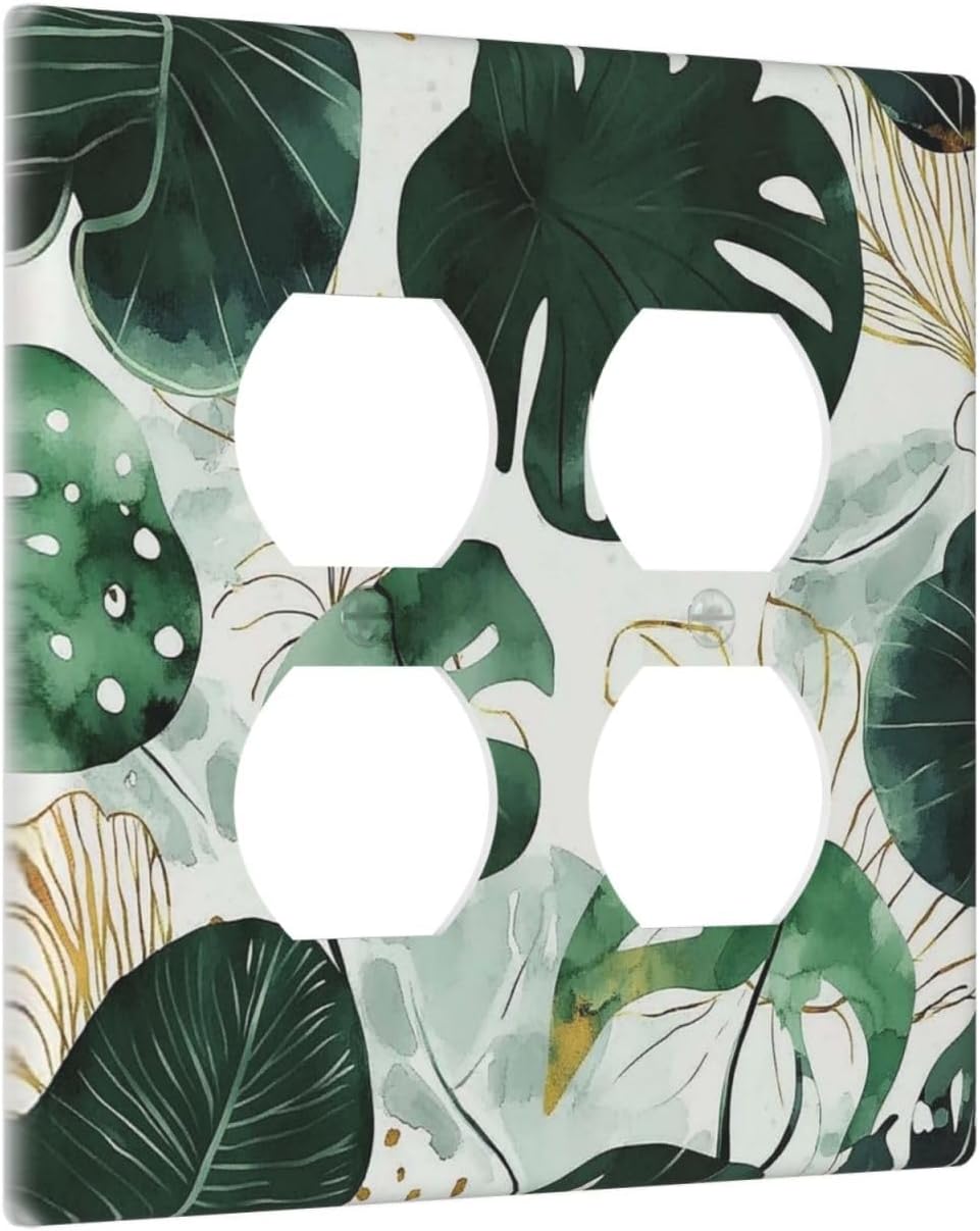 Boho Tropical Green Leaf Watercolor Banana Leaves Outlet Covers 2 Gang Double Duplex Decorative Light Switch Covers Electrical Wallplates Socket Faceplate For Bed Room Living Room Decor