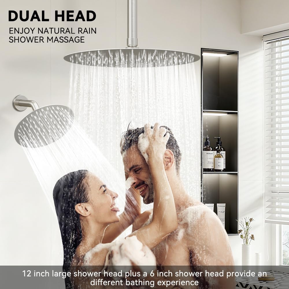 Shower Systems Shower Faucet Sets STARBATH 3 Way 12+6" Round Dual Rainfall Shower Head with Handheld Spray, Ceiling Mounted Rain Shower Valve with 5 Diverter and Trim Kit Complete, Brushed Nickel