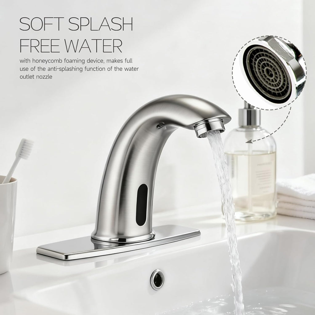 Touchless Bathroom Sink Faucet Automatic Motion Sensor Hands Free Faucet with Hole Cover Plate and Temperature mixing water valve,Commercial Solid Brass Faucet,1 Hole or 3 Hole, AC/DC Powered (Nickel)