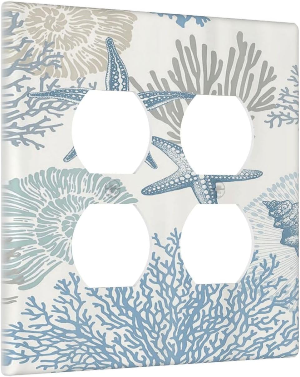 Decorative Outlet Covers Blue Starfish Coral Seaweed 2 Gang Wall Plate Double Duplex Light Switch Cover Switch Plate Covers for Bathroom Bedroom Home Decor