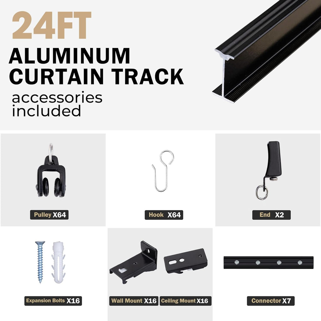 Aluminum Ceiling Curtain Track Set with Hooks Ceiling Mount and Wall Mount Room Divider Sliding Curtain Tracks Rods Flexible Heavy Duty Curtain Rail Hook Sets, Black, 24FT