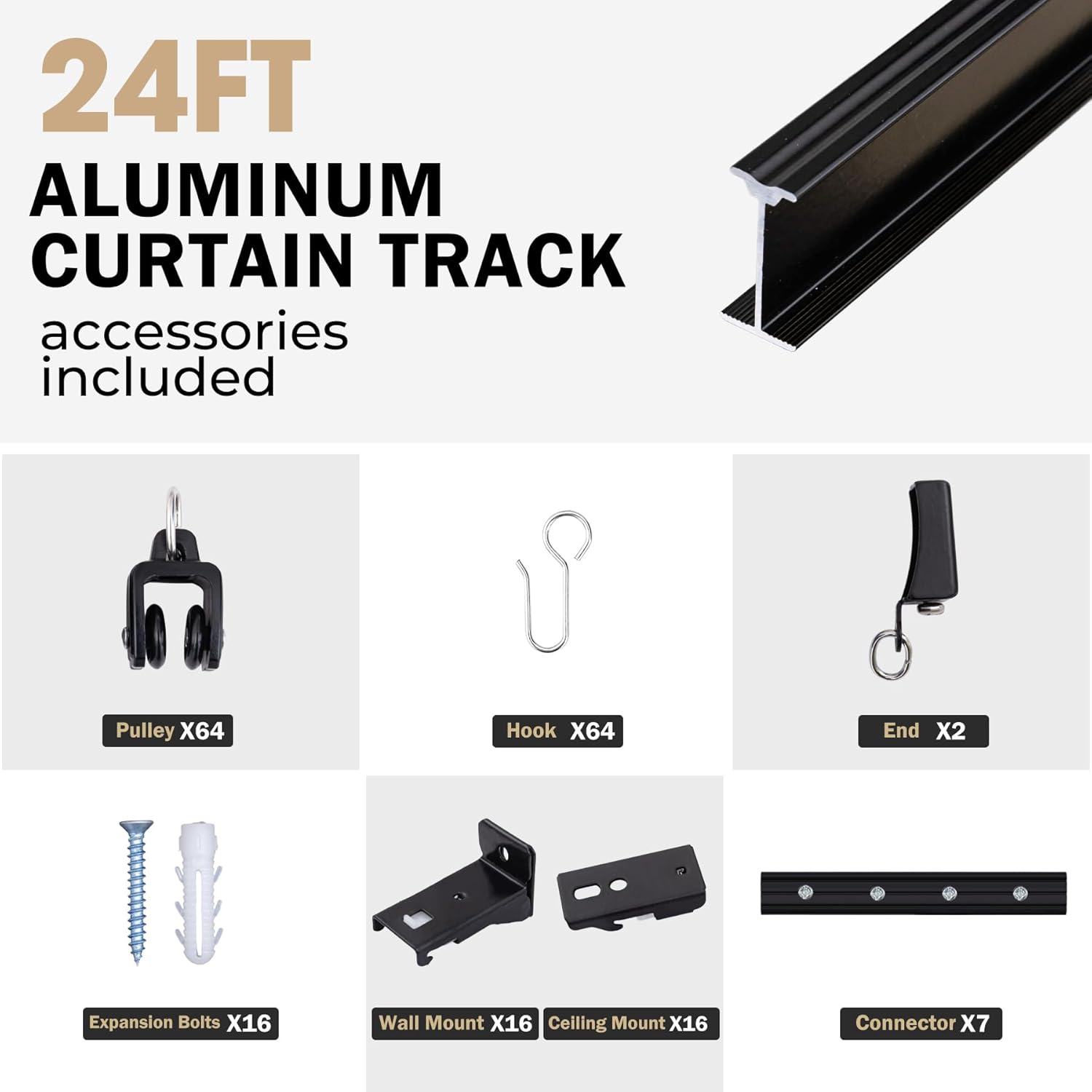 Aluminum Ceiling Curtain Track Set with Hooks Ceiling Mount and Wall Mount Room Divider Sliding Curtain Tracks Rods Flexible Heavy Duty Curtain Rail Hook Sets, Black, 24FT