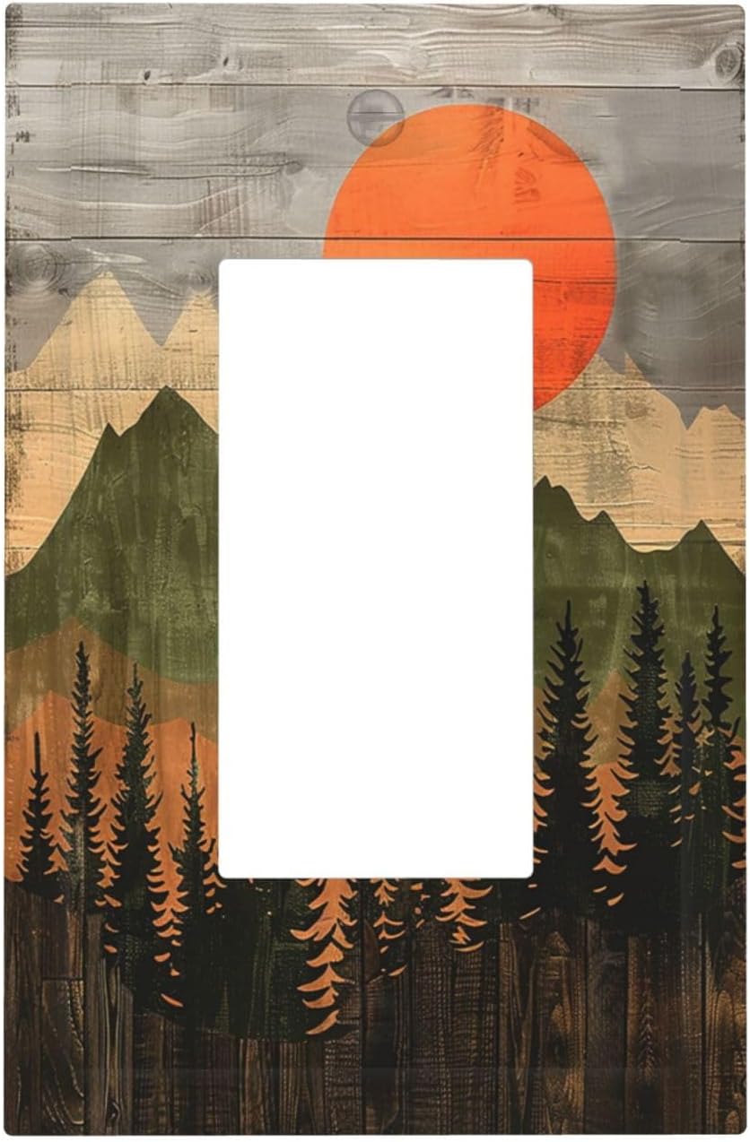 Decorative Outlet Covers Vintage Wood Grain Sun Forest Mountains 1 Gang Single Rocker Light Switch Cover Plate Wall Plates GFCI Faceplate for Farmhouse Cabin Decor