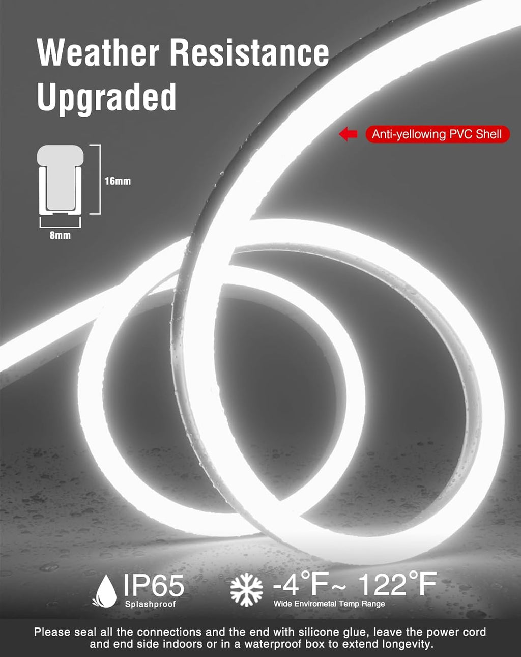 Shine Decor LED Neon Rope Lights AC 120V, Expandable & Cuttable 120LEDs/M Bright Strip Lighting, ETL Cold-Resistant & IP65 Waterproof for Indoor Outdoor, 8x16mm, 6300K Cool White, 98.4ft