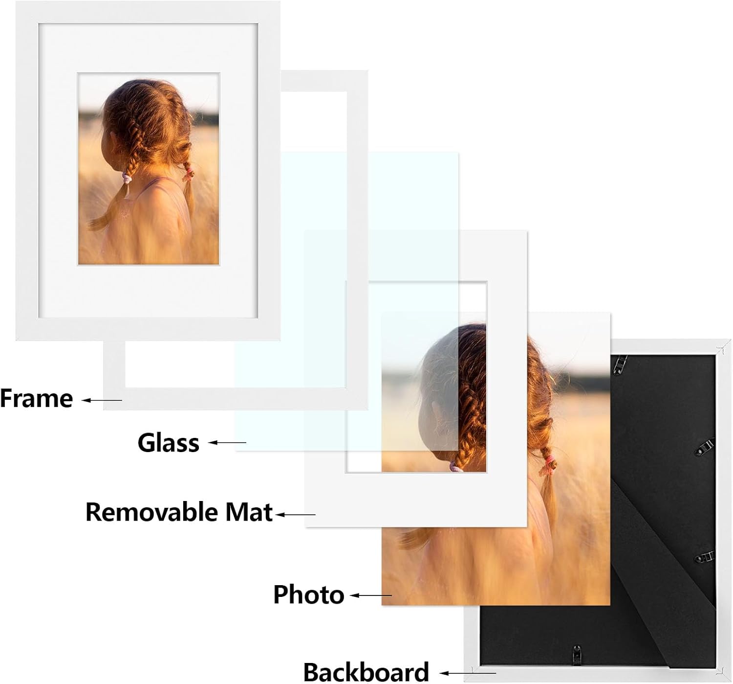 Golden State Art, 9x12 Picture Frame with Mat for 6x8 - High Definition Glass Wall Mounting Horizontal Vertical Display (White, 1 Pack)