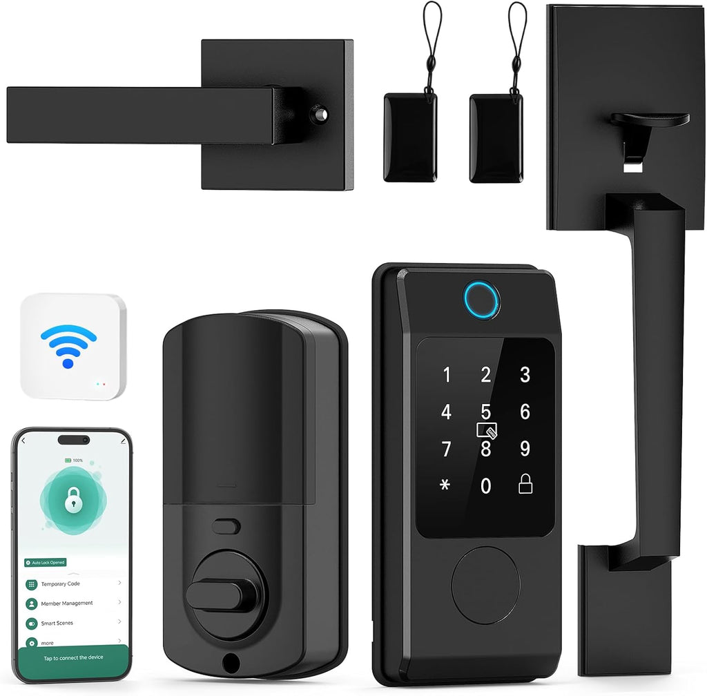 WiFi Smart Locks for Front Door with Handle Sets, Keyless Entry Door Lock Fingerprint Deadbolt, Electronic Digital Touchscreen keypad, App Control, Easy to Install (Black)
