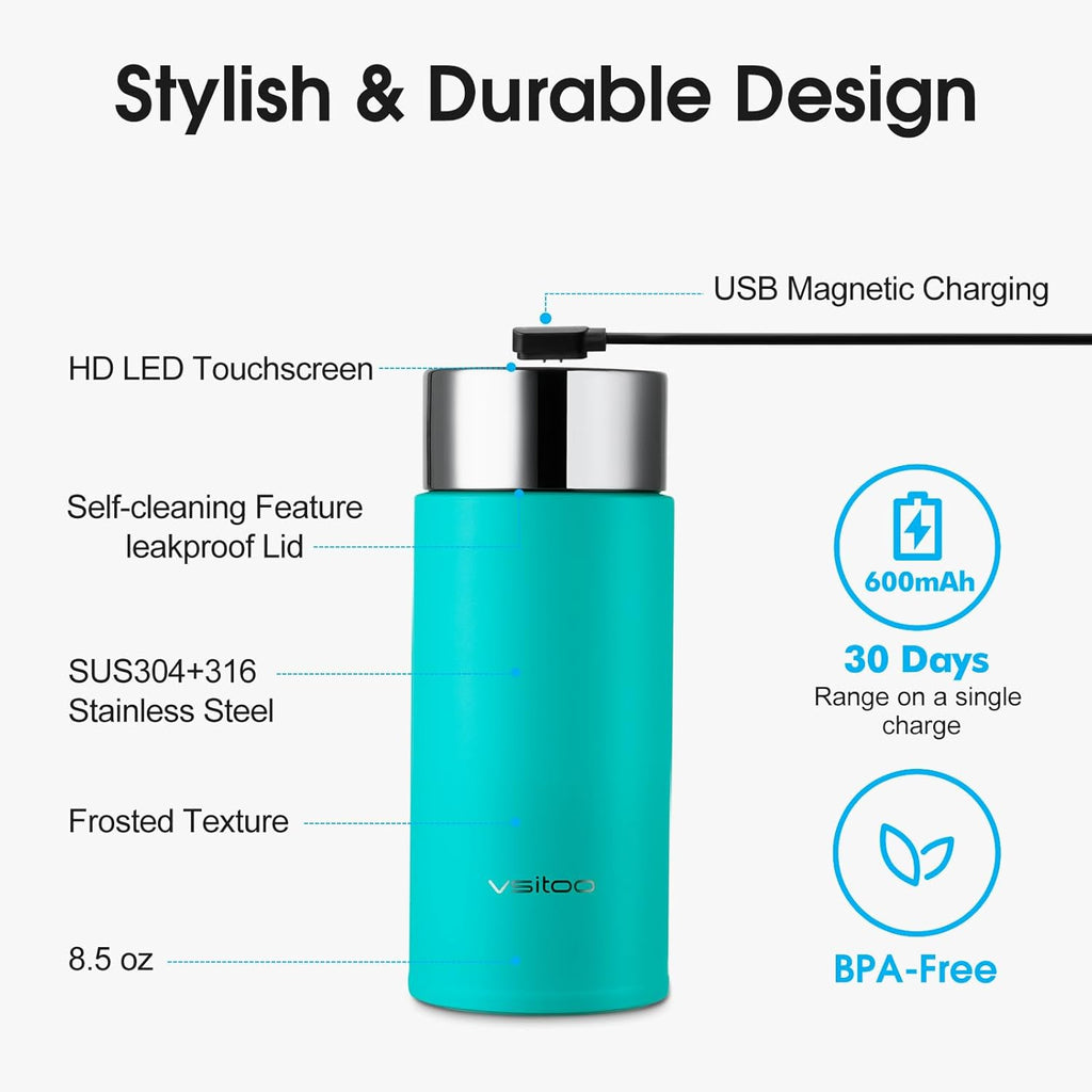 Vsitoo Smart self cleaning Insulated Water Bottle, 8.5oz Stainless Steel Vacuum Flask, AI Self-Clean, 30-Day Battery Life, BPA-Free, Magnetic Charging, Portable Travel Mug Gifts for Men Women, Blue