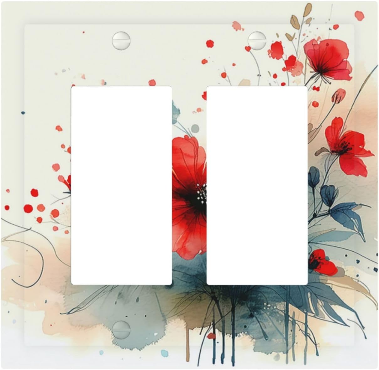 Vintage Floral Red Watercolor Modern Decorative Outlet Covers 2 Gang Double GFCI Rocker Light Switch Cover Plate Electrical Wall Panels for Bedroom Bathroom Decor