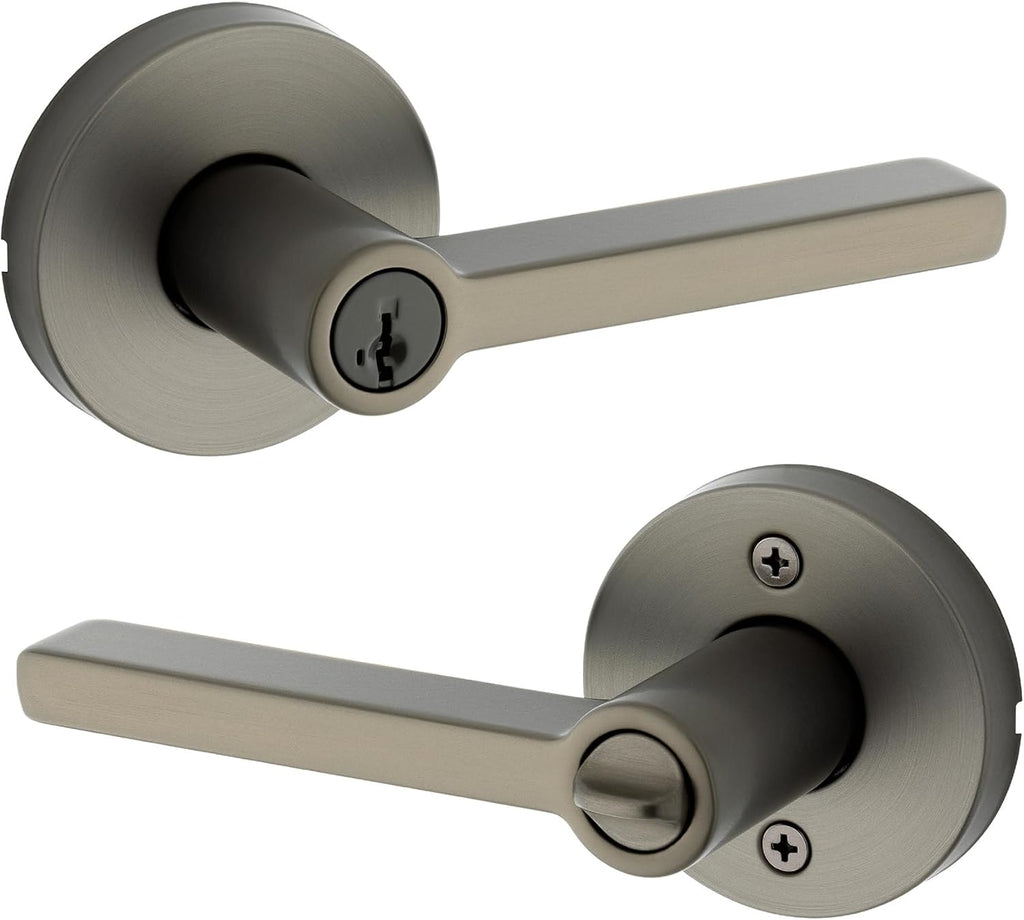 Kwikset Halifax Entry Door Handle with Lock and Key, Round Secure Keyed Reversible Lever Exterior, Doorlock, for Front Entrance and Bedrooms, Gunmetal, Pick Resistant Smartkey Rekey Security