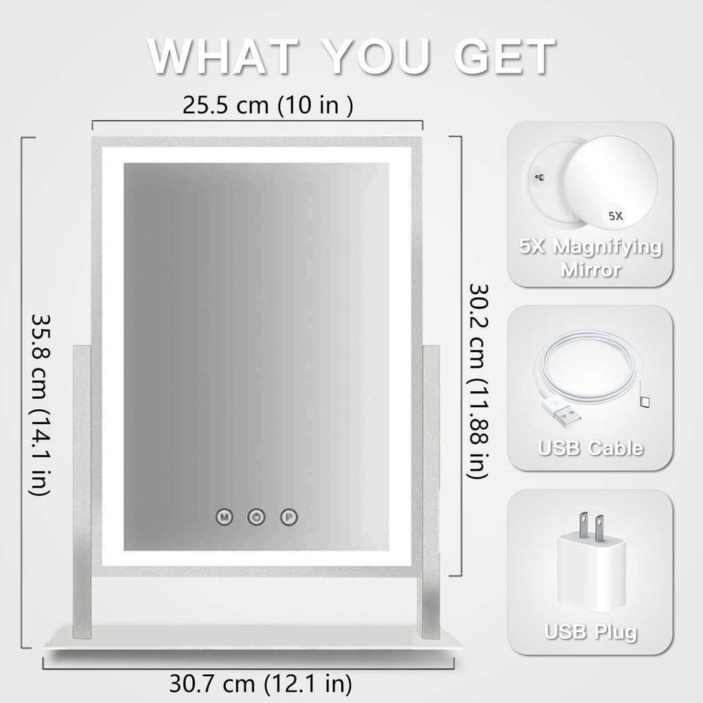 HIEEY Lighted Makeup Mirror, Hollywood Vanity Mirror with Lights, Three Color Lighting Modes, and 5X Magnification Mirror, Smart Touch Control, 360°Rotation (14.1in,White,Gift Box)