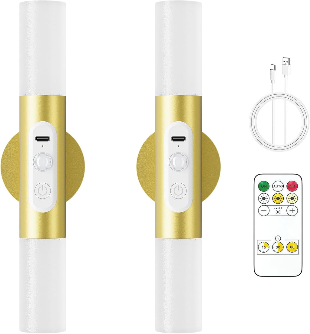 Motion Sensor Wall Sconces with Remote Control, LED Rechargeable Battery Operated Wall Lights Set of Two for Living Room, Indoor Wireless Wall Lamps for Bedroom, Hallway, Stair, Gold 2 Pack