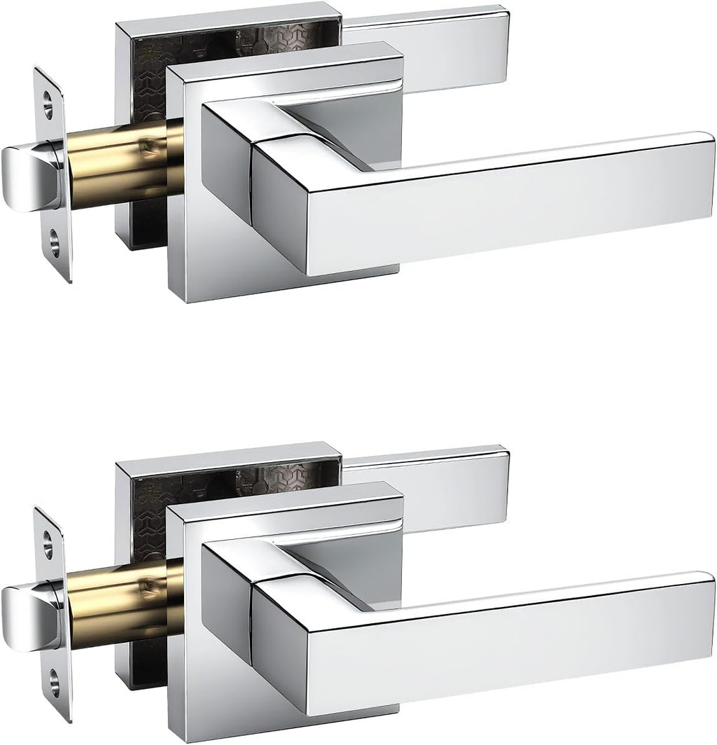 KNOBWELL 2 Pack Door Handles Interior Passage Doorknob with Straight Lever Polished Chrome Hallway Closet Door Handles