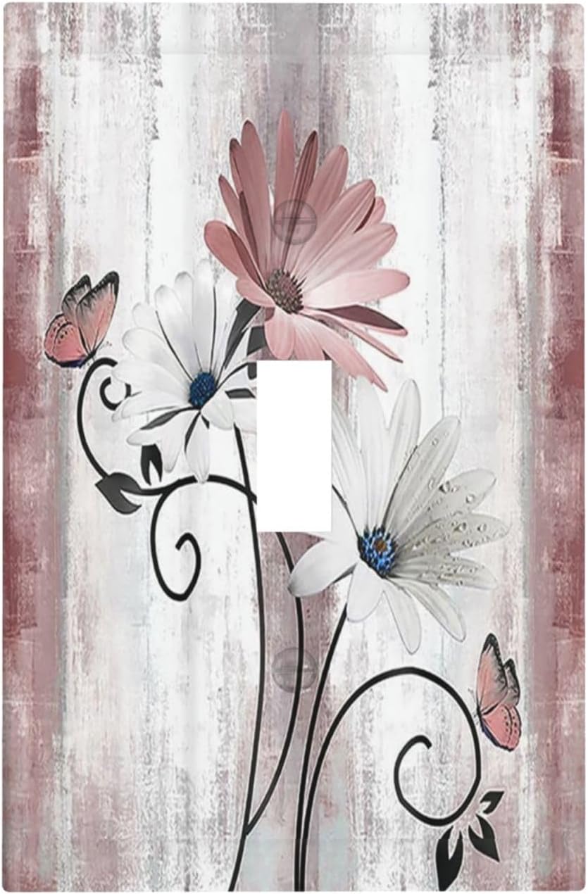 Decorative Light Switch Cover Pink White Daisy Butterfly Wood Grain 1 Gang Single Toggle Device Electrical Faceplate Switchplates Decorator Outlet Wall Plate for Farmhouse Bathroom Decor