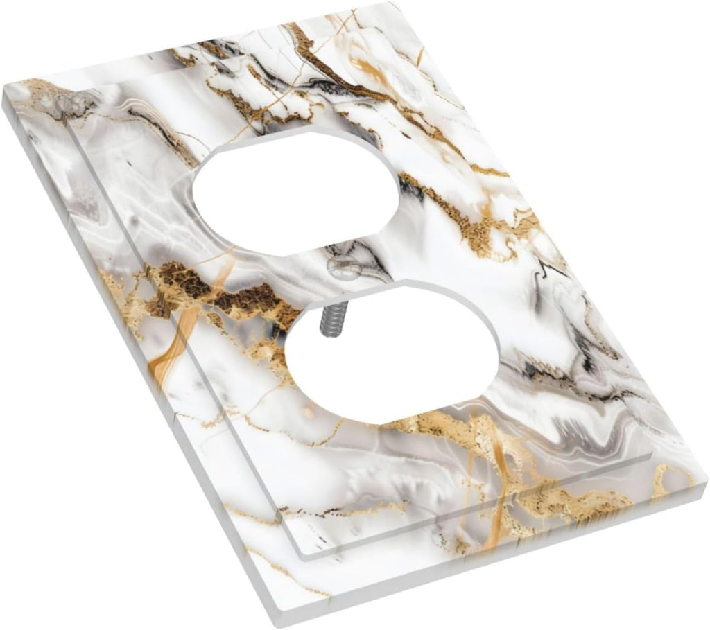 Luxurious Marble Abstract White Gold Tile Modern Simplicity Outlet Covers 1 Gang Duplex Light Switch Cover Decorative Switch Plates Electrical Receptacle Faceplate Wall Plate for Bathroom Kitchen Home