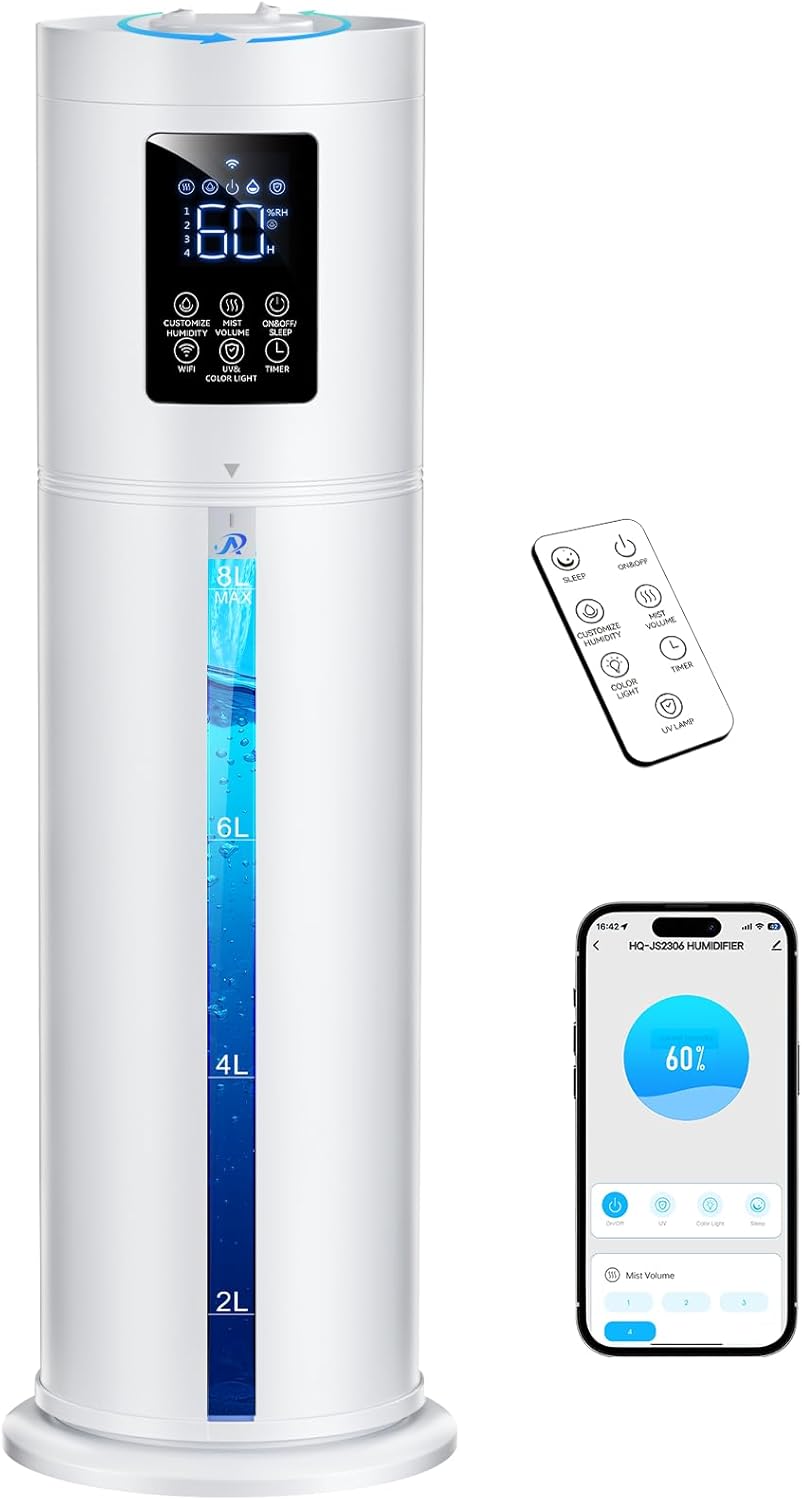 2.1Gal/8L Smart Humidifier Large Room, Top Fill Humidifiers for Bedroom with Diffuser, 7 Color Lights,16H Timer, Auto Mode, APP Remote Control, 4 Levels Cool Mist Air Humidifier for Plants Home Office