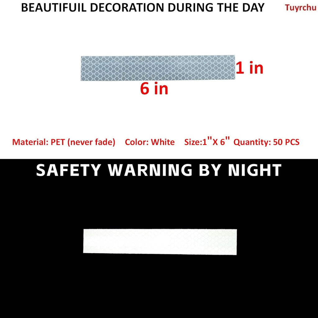 Non Fading White Reflective Stickers 1 inch X 6 inch, Outdoor Waterproof High Visibility Warning Safety Adhesive Reflector Tape (50 Pcs)