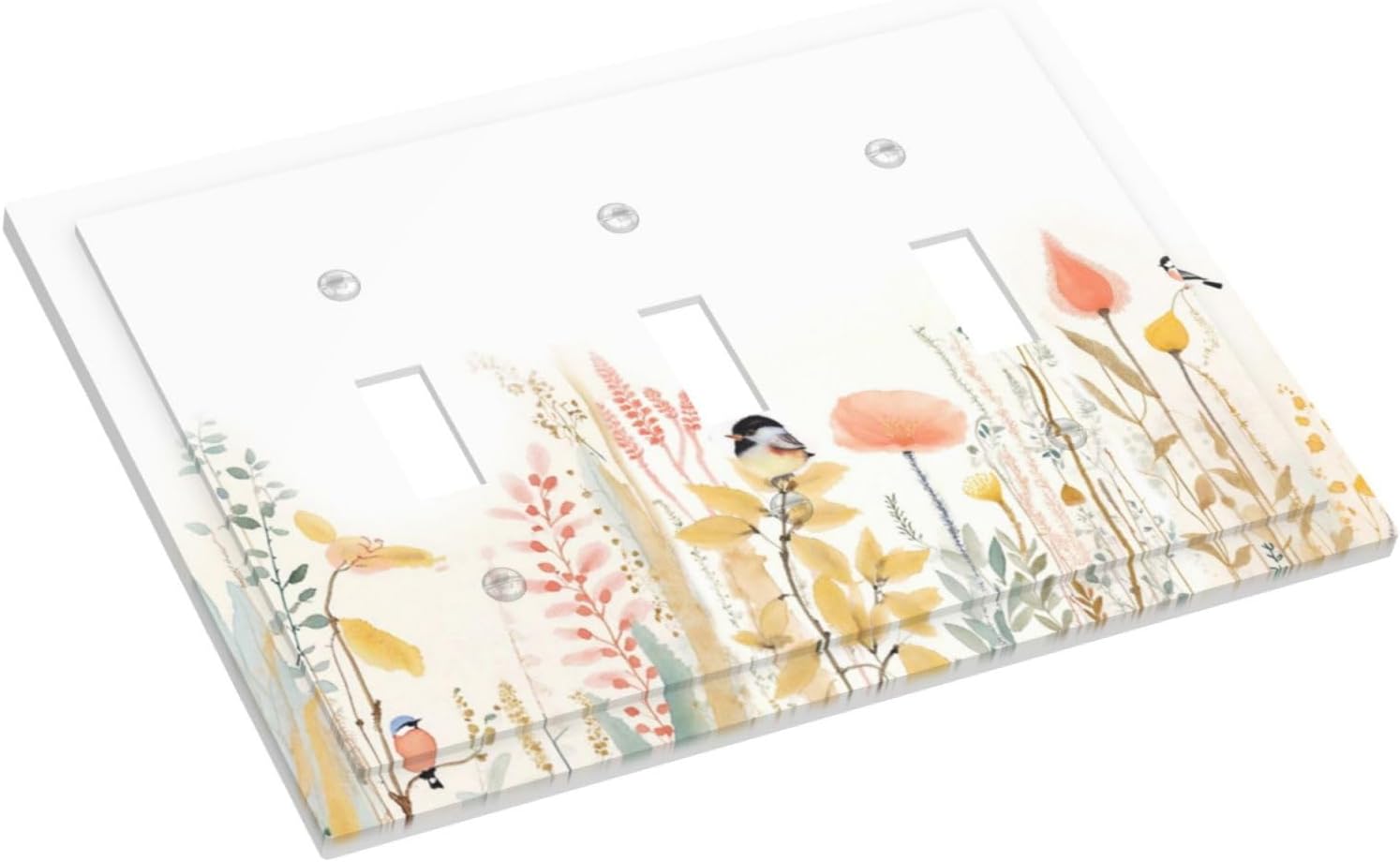 Decorative Switch Plates Colorful Floral Watercolour Cuddly Bird 3 Gang Wall Plate Triple Toggle Light Switch Cover Faceplate Electrical Wall Panels For Bed Room Living Room Decor