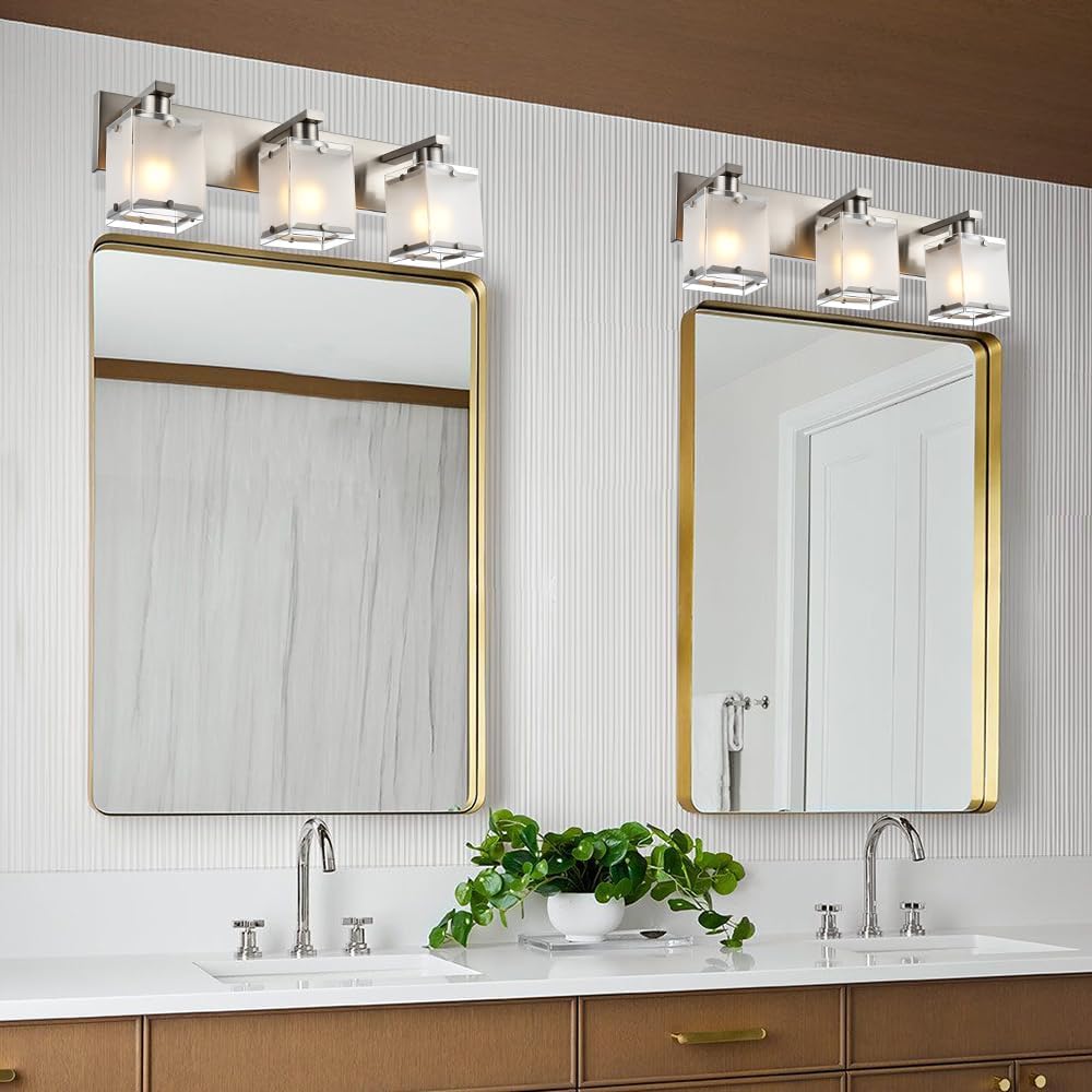 Modern 3-Lights Brushed Nickel Vanity Lights, Bathroom Light Fixture Over Mirror Wall Lighting Sconces with Frosted Glass Shades, E26 Bulb Base