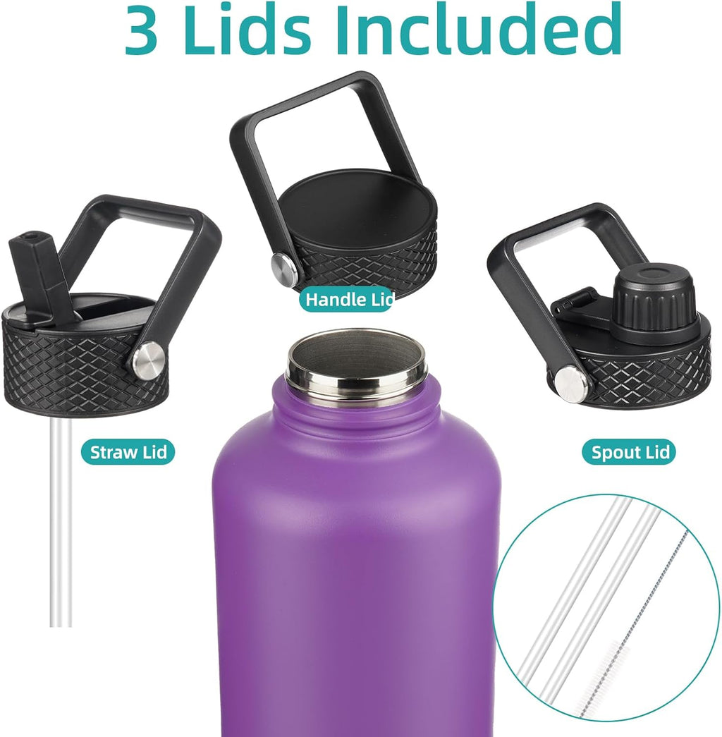 Half Gallon Insulated Water Bottle with Straw,64 oz 3 Lids Water Jug with Carrying Bag,Paracord Handle,Double Wall Vacuum Stainless Steel Metal Flask,Purple