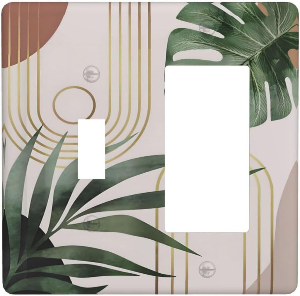 Decorative Outlet Covers Boho Mid Century Abstract Arch Green Leaves 2 Gang Wall Plate Single Toggle 1 Rocker Light Switch Cover Switch Plate Covers for Bedroom Home Decor
