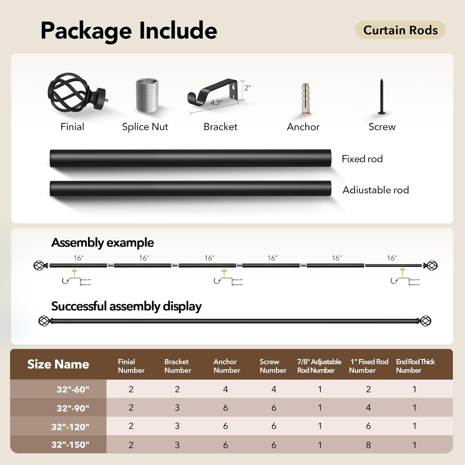 2 Pack Curtain Rods for Windows 28 to 48, 1 Inch Adjustable Decorative Black Curtain Rod, Modern Heavy Duty Drapery Rods with Twisted Cage End, Telescoping Splicing Structure, Size 32"-60"