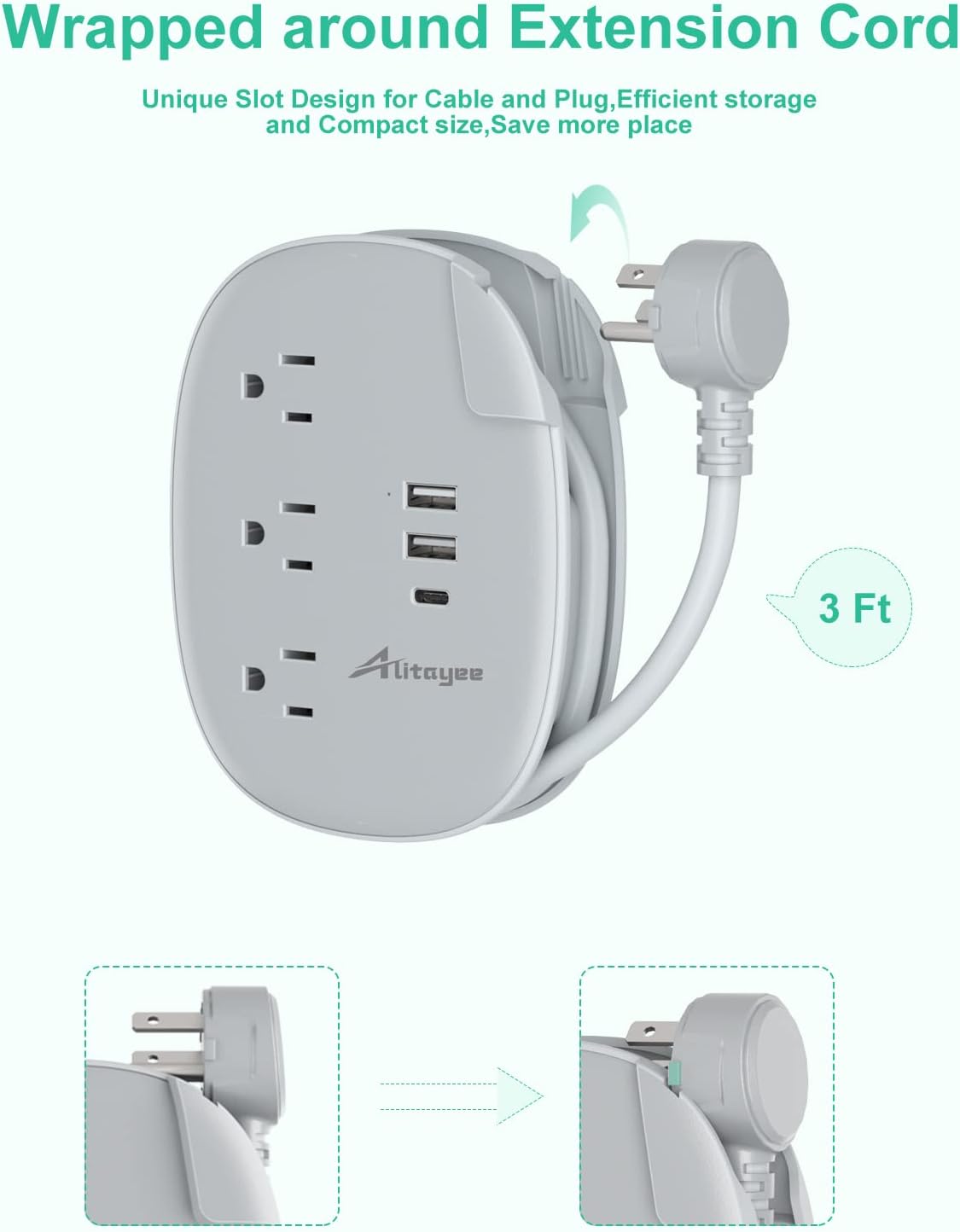 Alitayee USB C Portable Travel Power Strip with 3 Outlets 3 USB Ports Fast Charge, USB Extendable Outlet Extender with Flat Plug and 3ft Wrapped Around Extension Cord for Cruise Travel Home Office