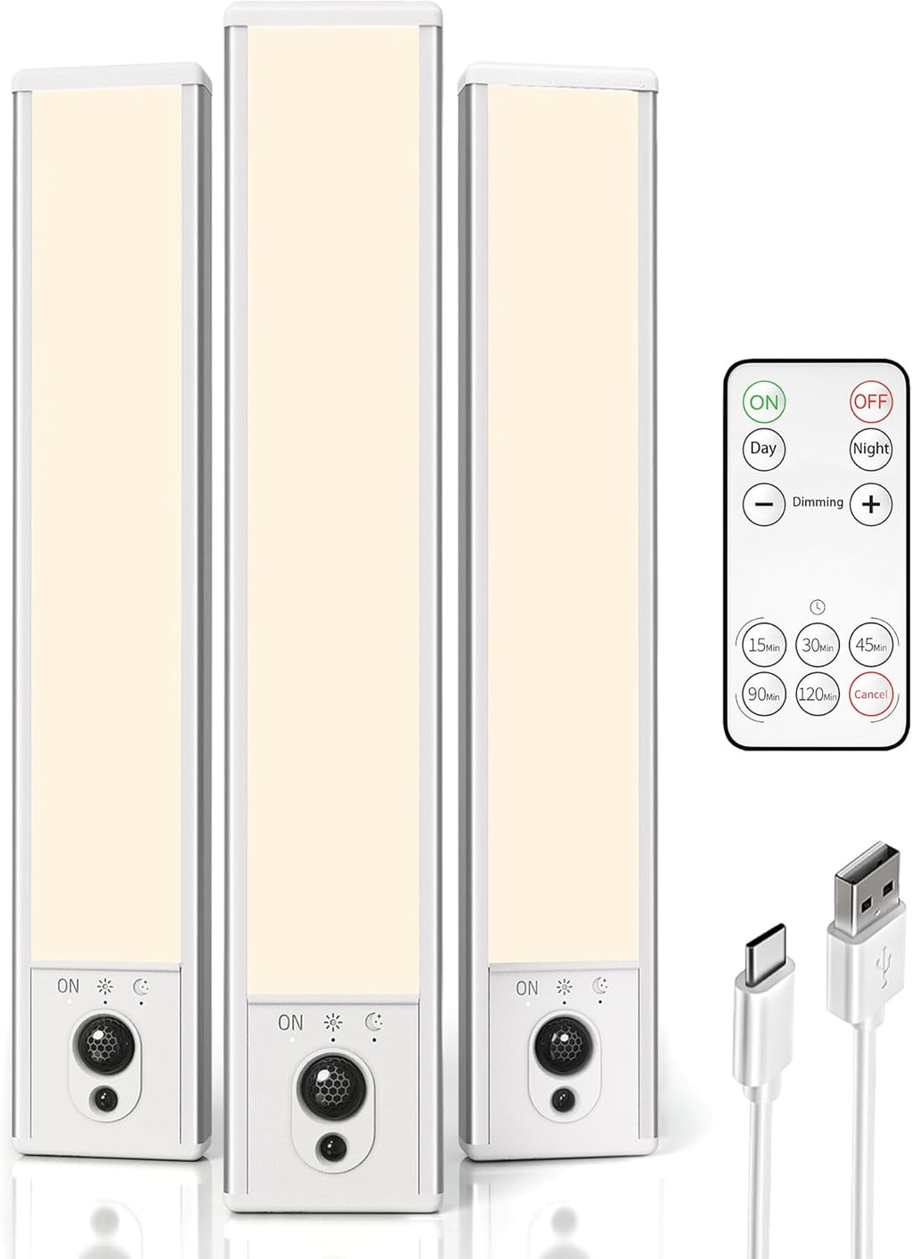 EZVALO 3 Pack Under Cabinet Lighting, Rechargeable Motion Sensor Light, LED Closet Lights Wireless, 3500K Dimmable, Timer, Magnetic, with Remote Control for Kitchen, Closet, Stair