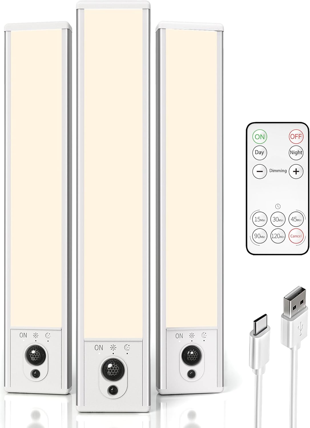 EZVALO 3 Pack Under Cabinet Lighting, Rechargeable Motion Sensor Light, LED Closet Lights Wireless, 3500K Dimmable, Timer, Magnetic, with Remote Control for Kitchen, Closet, Stair