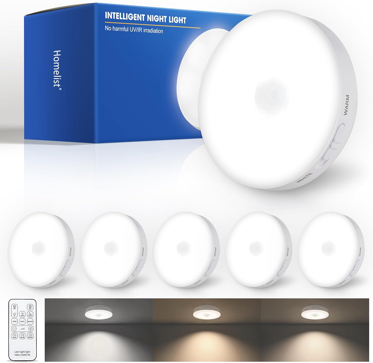 Homelist Upgraded Ultra Bright Motion Sensor Lights Indoor Rechargeable, 6 Pack Puck Light with Remote, 1500mAh Battery Operated Sensor Night Light for Stairs, Cabinet, Bedside, Closet