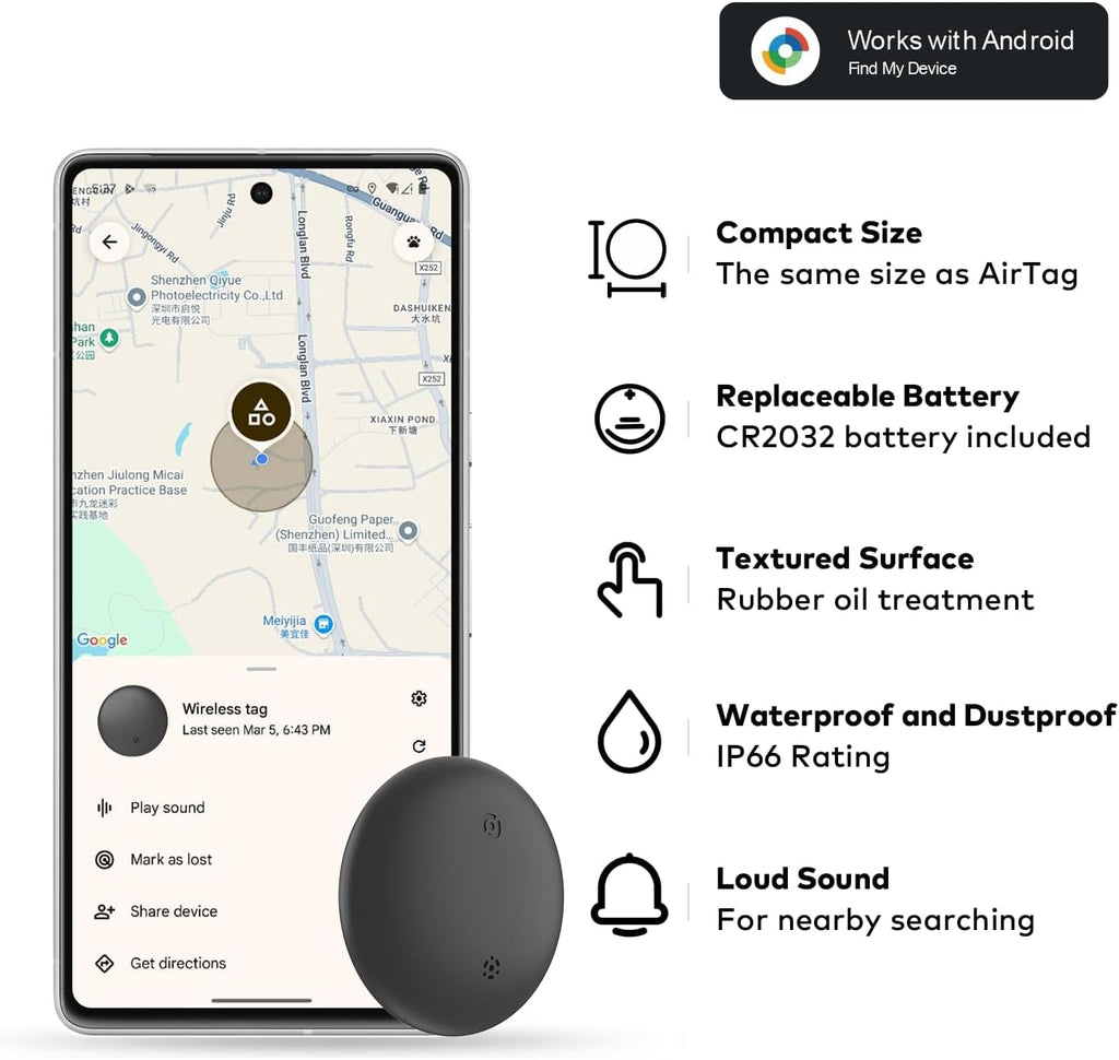 VODESON Google Find My Device Tracker 2025 - IP67 Waterproof Android Key Finder with 350ft Range, 90dB Alarm & 12-Month Battery, 4 Pack for Luggage/Wallets/Bikes (No iOS)